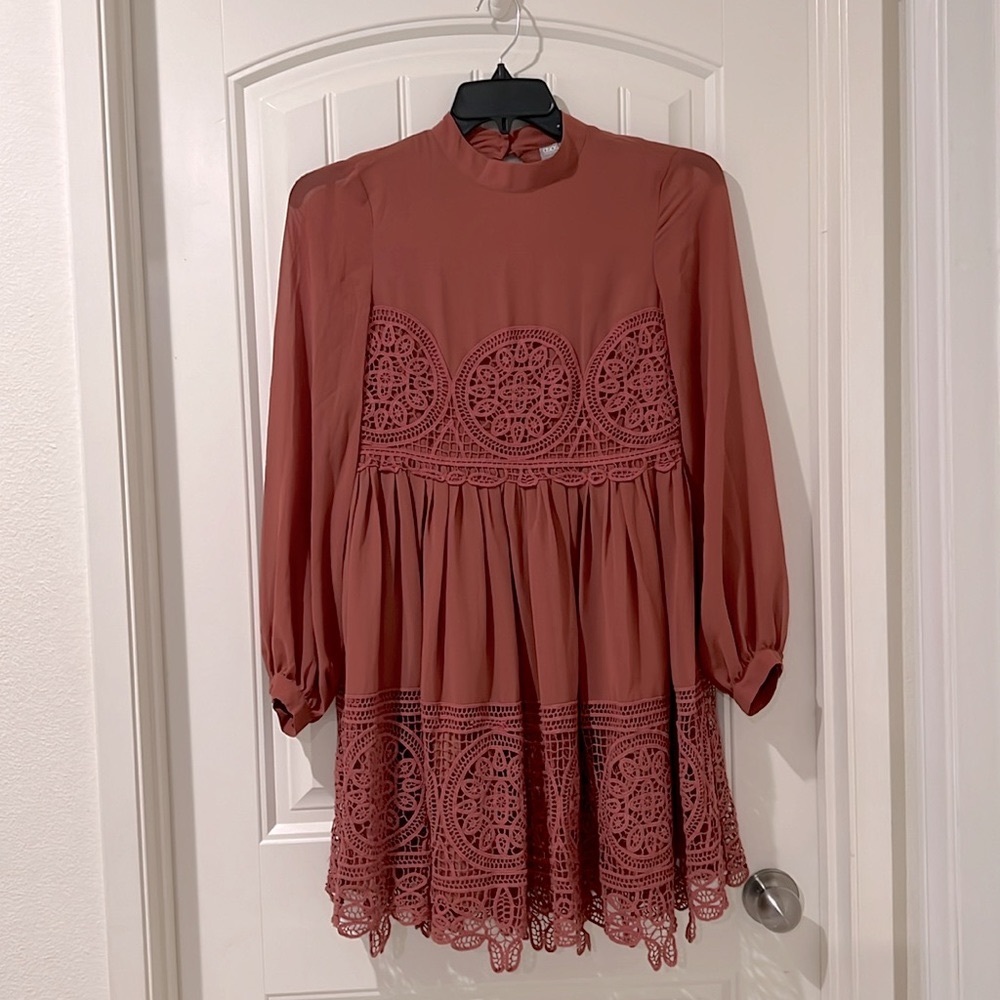 Asos design Brown boho chic long sleeve lace mock neck dress size 4